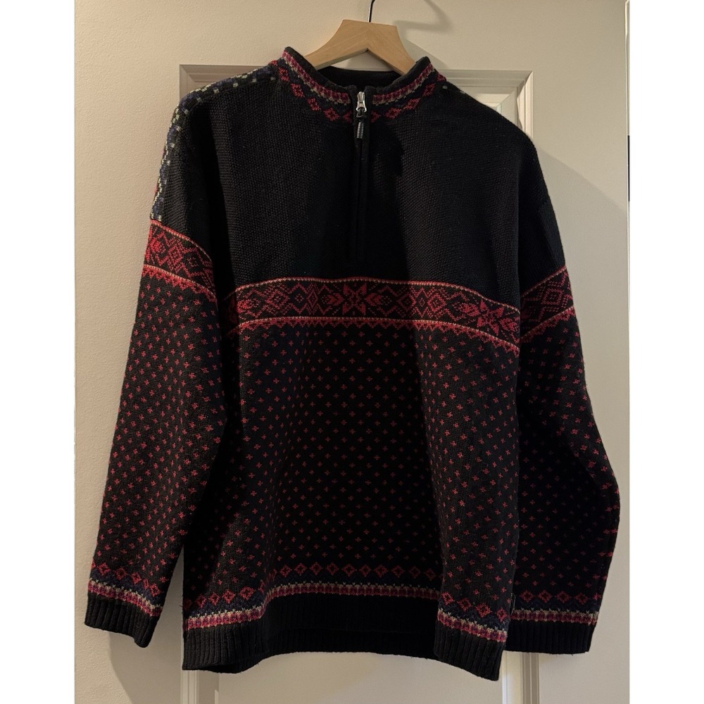 Vintage Obermeyer 100% Wool Fair Isle Nordic Ski Sweater Quarter Zip Black Red M